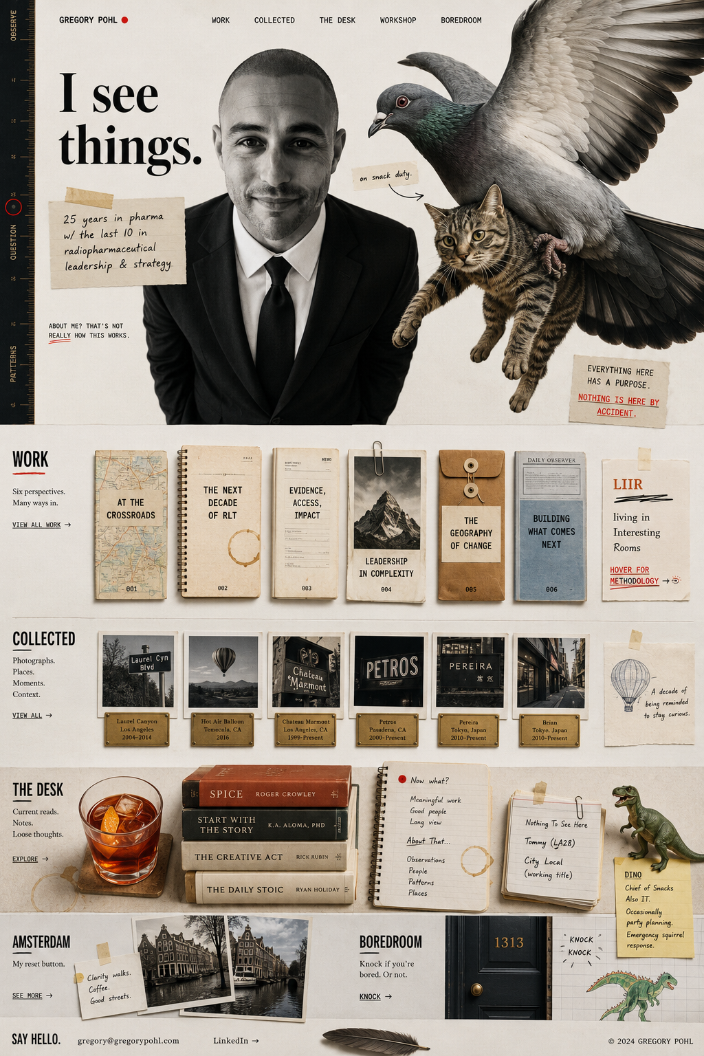 Gregory Pohl editorial homepage featuring Work, Collected, The Desk, Amsterdam, Boredroom and Dino.
